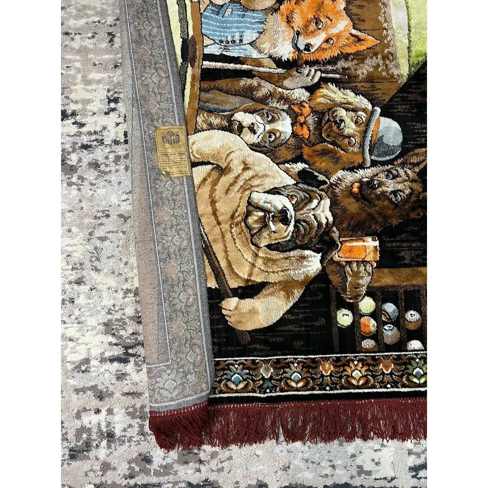 Vtg P&C Wall Tapestry Dog Pool Billiard Man Cave Made In Italy Bar Decor 38x56